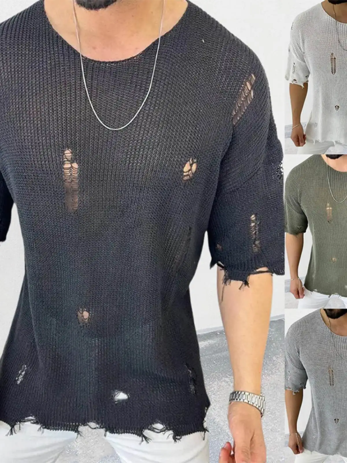 

Летний мужской вязаный свитер с круглым вырезом и перфорацией, большие размеры, короткий рукав, в американском повседневном стиле, коллекция 2023 года