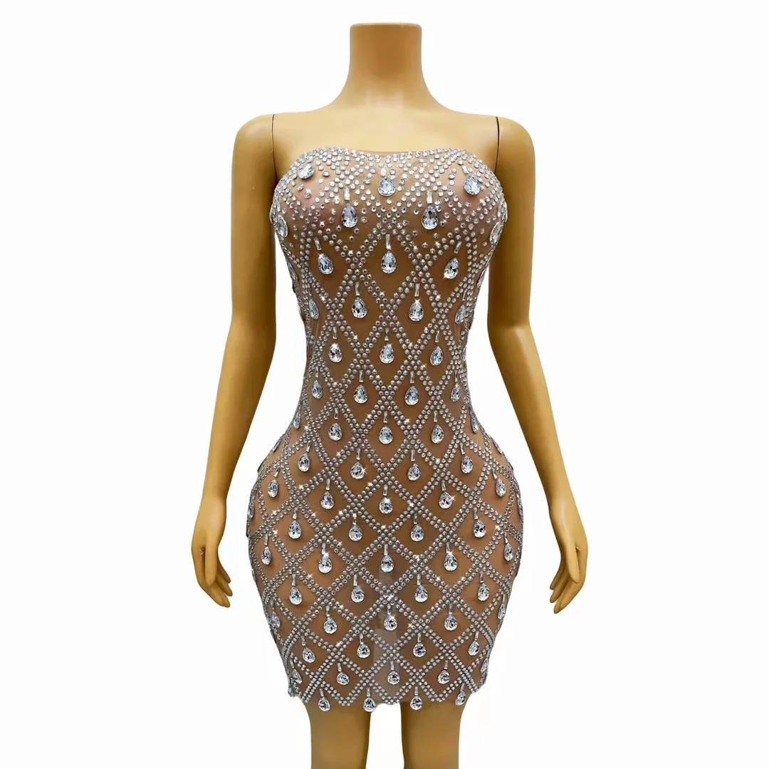 

New Shiny See Through Rhinestone Evening Gowns Banquet Birthday Party Bodycon Crystals Dress Women One Shoulder Club Prom Dress