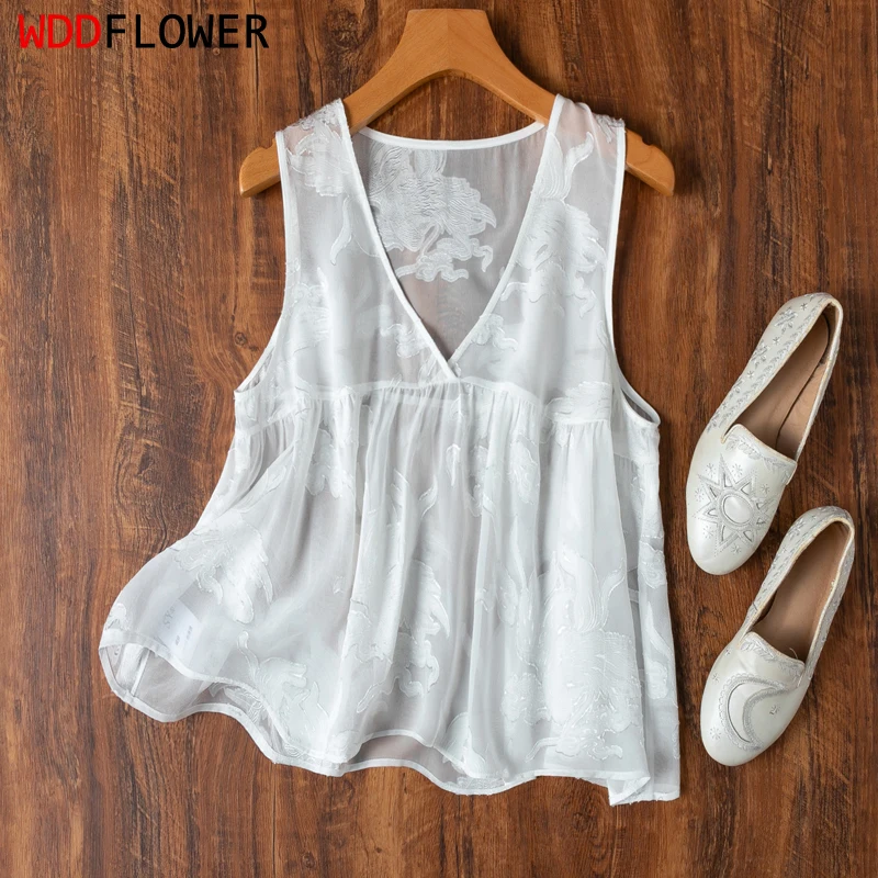 Women Silk Tank Top 100% Mulberry Silk Embroidery Loose Type Thin White V Neck Vest Sleeveless Top Summer Beach M1192