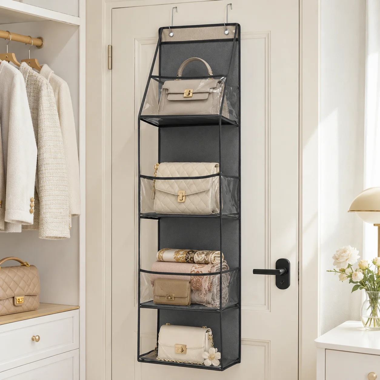 4-Tier Over the Door Handbag Organizer with Clear PVC Pockets and PP Boards for Bags Clothes Towels Bedroom Closet Storage