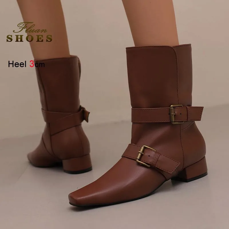 موضة 3 سنتيمتر كعب منخفض المرأة حذاء من الجلد جلد غير رسمي منتصف العجل الأحذية الخريف الشتاء السيدات أحذية عدم الانزلاق وحيد أحذية بوت قصيرة