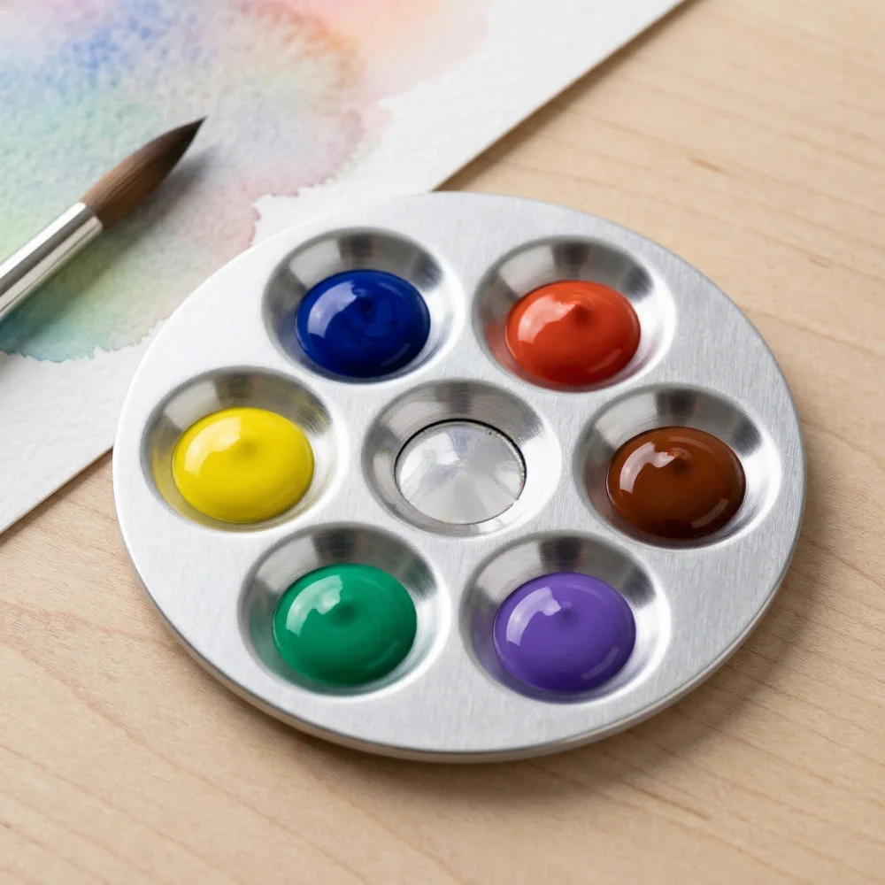 1/5/10Pcs 6-Well Round Aluminum Palette, Metal Mixing Tray for Watercolor Acrylic, Artist Painting Supplies