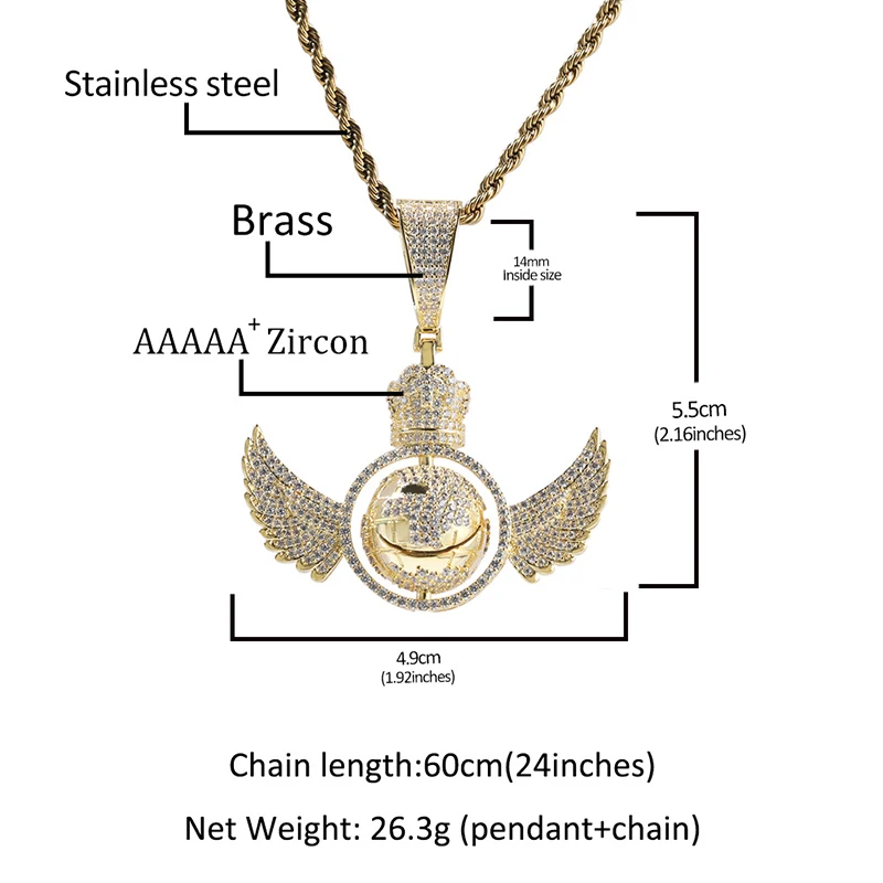 Hip Hop 5A+ CZ Stone Paved Bling Iced Out Angel Wing Globe Pendants Necklace for Men Rapper Jewelry Gold Silver Color