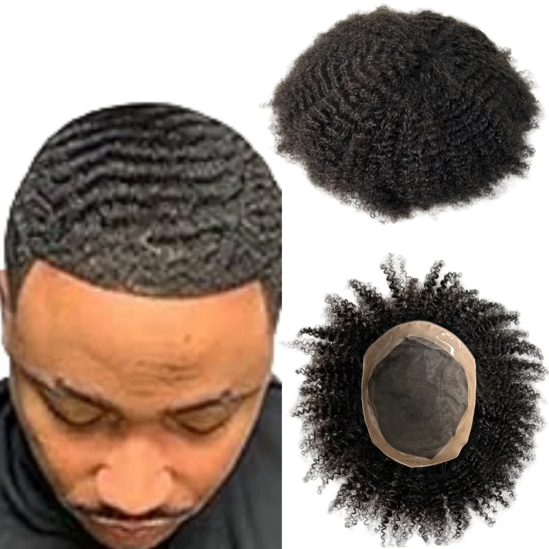 

6 Inch Indian Virgin Human Hair Systems 6mm Afro #1，#1b mono Toupee 6x8,7x9, 8x10 Size for Black Men