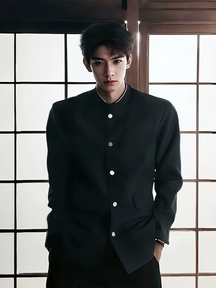 

New Chinese Sle Men's Bla Suit Jaet Haome High-End Feeling School orm Coat Polyester Fiber Long Sve Stand Fit