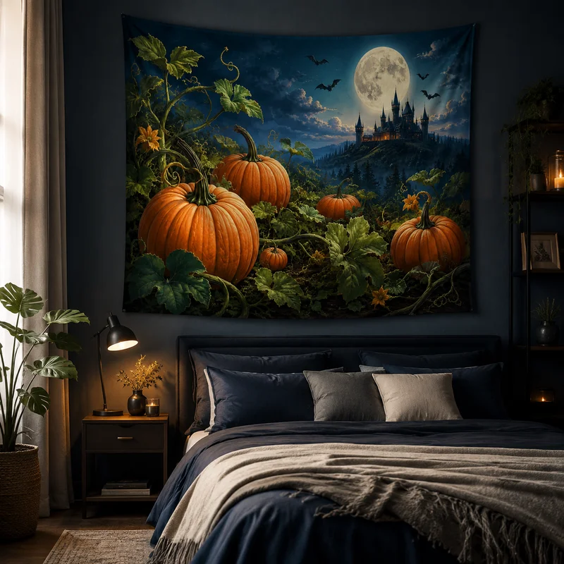 VIKAMA Halloween Haunted Castle Tapestry, Jack-o'-Lantern Wall Hanging, Mysterious and Fantastical Printed Tapestry, Home Decor