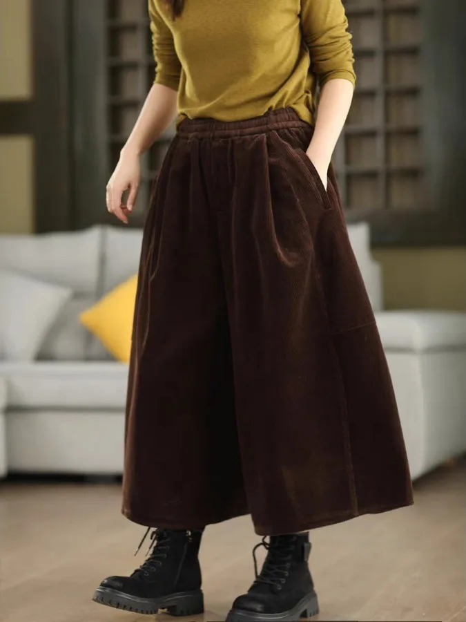 Retro-Hose aus Vollbaumwoll-Cord mit weitem Bein für Damen, elastische Taille, schlankmachende Streifen, Samt, künstlerische, vielseitige Stiefelhose