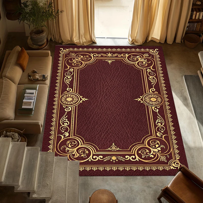 Luxury Red Gold Area Rug Royal European Floral Medallion Print NonSlip Floor Mat for Living Room Bedroom Classic Home Decor