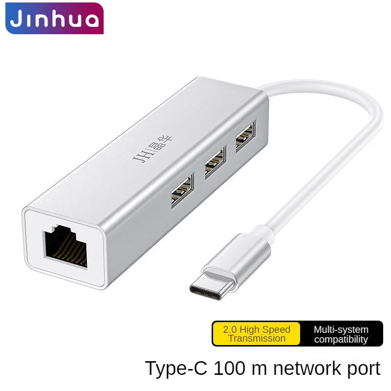 Type-C to RJ45 Ethernet Adapter with 3 USB 2.0 Ports, 100Mbps Network Hub for Laptop Phone Tablet