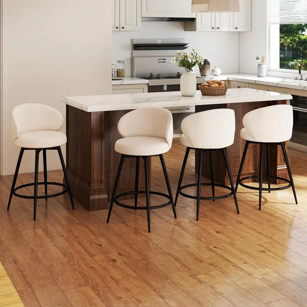 

Set of 4 360° Swivel Breathable Fabric Counter Height Bar Stools, 26 Upholstered Chairs for Kitchen Islands or Restaurant, Ivory