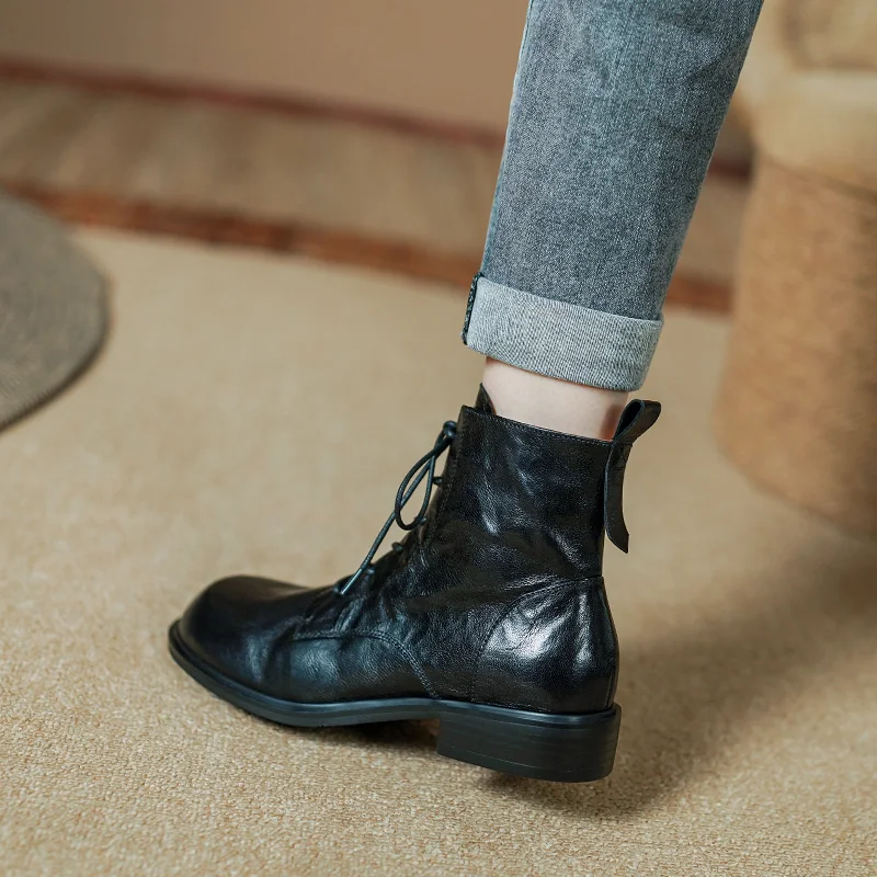 Botas de couro genuíno para mulheres, botas de tornozelo redondas, calcanhar robusto, lace-up, salto baixo, novo, outono