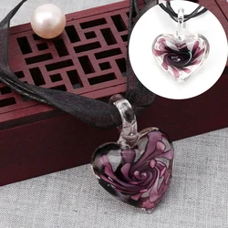 Q0KE Murano Glass Pendant Necklace Flowers Ribbon Chain
