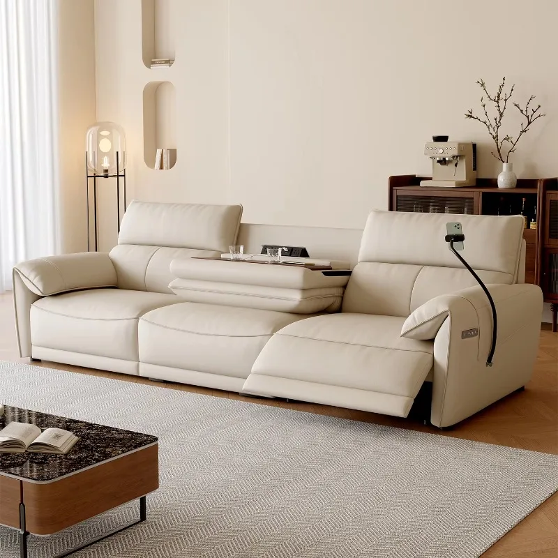 Electric recliner sofa, genuine leather, with folding table, cup holder, mobile phone holder, electric recliner sofa