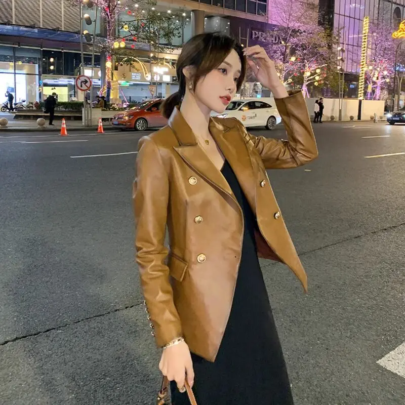 2023 Spring Autumn Women's Short Sheepskin Small Suit Slim Lapel Single Breasted Retro Fashion Genuine Leather Jackets Office La