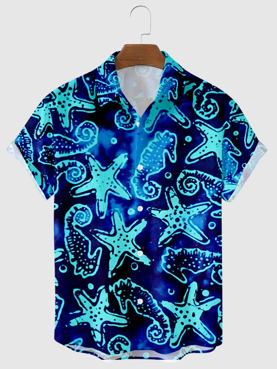 New cross-border starfish creative printing short-sleeved striped printing summer break loose short-sleeved shirt men's