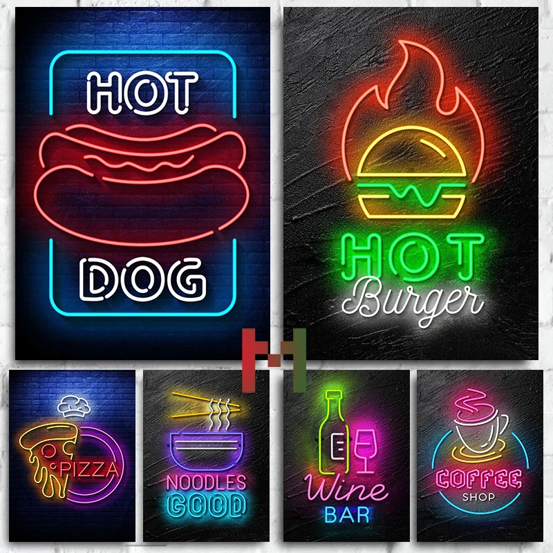 Neon Food Neon Line Food Poster Canvas Printing Neon Fast Food Hot Dog Burger Canvas Wall Decor Bar Coffee Shop Neon Line Decor