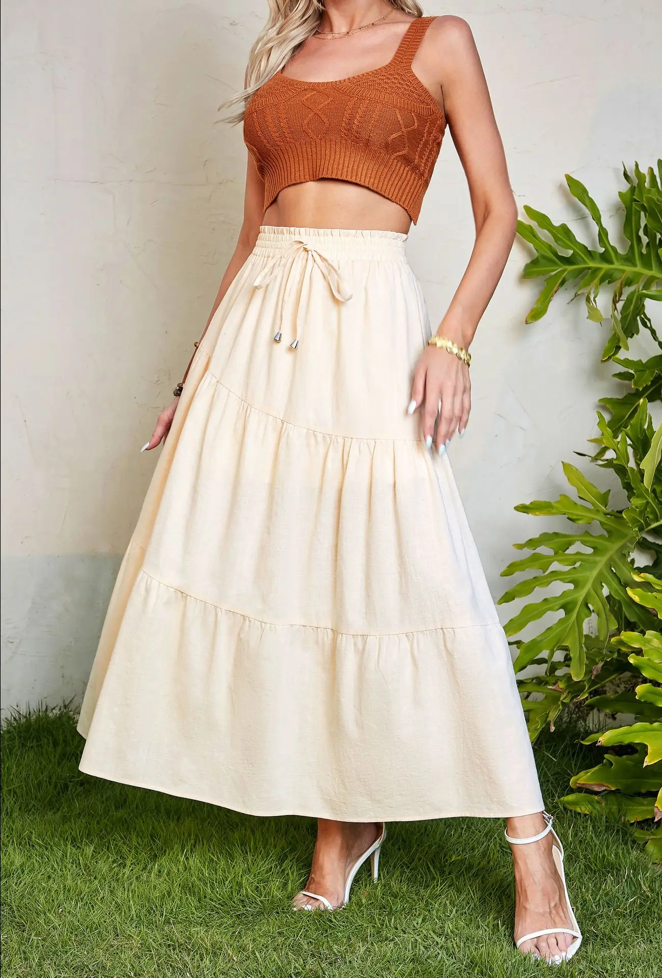 

Summer Cotton and linen Long Maxi Skirt for Women 2024 Causal Boho Flowy High Waisted Ruffle Tiered A-Line Beach Skirts