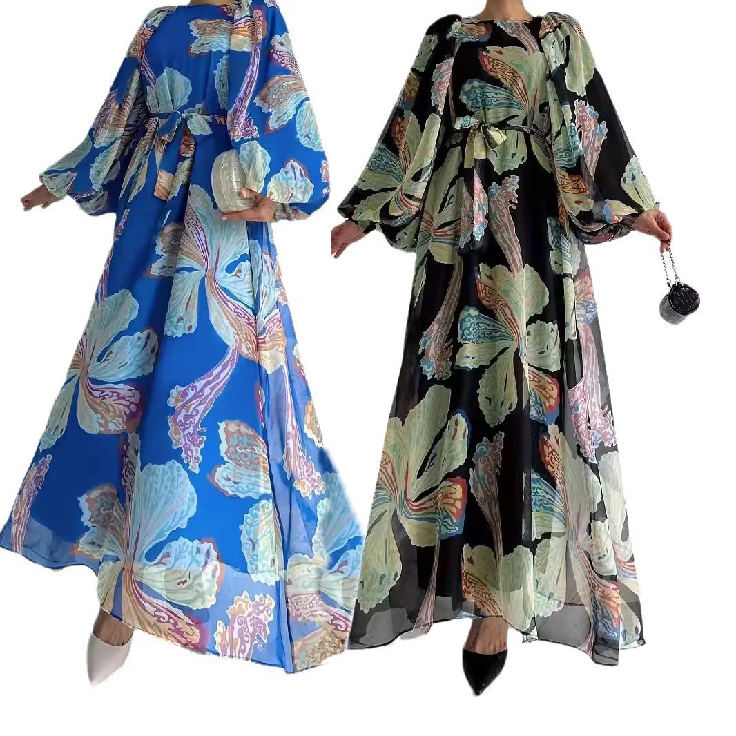

European American Modest Robe for Muslim Women Neck Chiffon Floral Printing Vintage Bubble Sleeves Middle East Belt for Summer