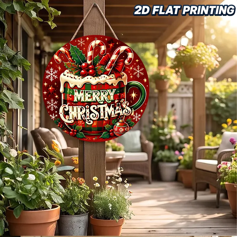 2D Flat, 1pc 2D Flat 8x8in(20x20cm) Vintage Round Sign Metal Sign Merry Christmas Hot Cocoa Mug with Holly Berries Candy Canes S