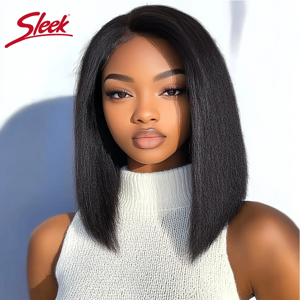 Sleek Nature Black Dark Yaki Straight Bob Wigs With Bang Brazilian Brown 4# Hair Bob Wigs For Black Women Machine Made Cheap Wig