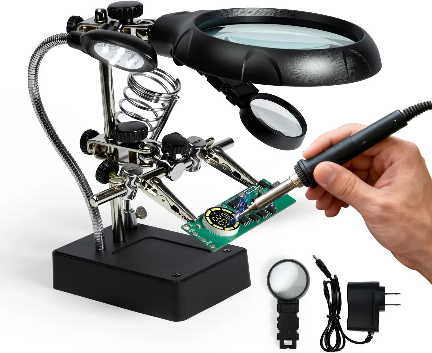 

Регулируемая светодиодная лупа-лампа для пайки с подставкой-держателем и зажимами типа «крокодил» для точных работ