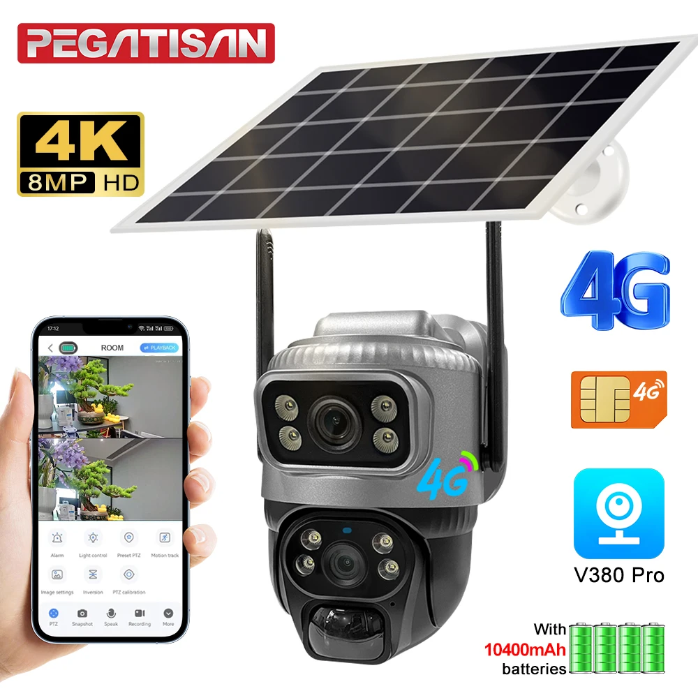 

V380 Dual Lens 4G Camera Solar PIR Human Detection Night Vision Waterproof Security Video IP Camara 8MP 4K Battery CCTV Monitor