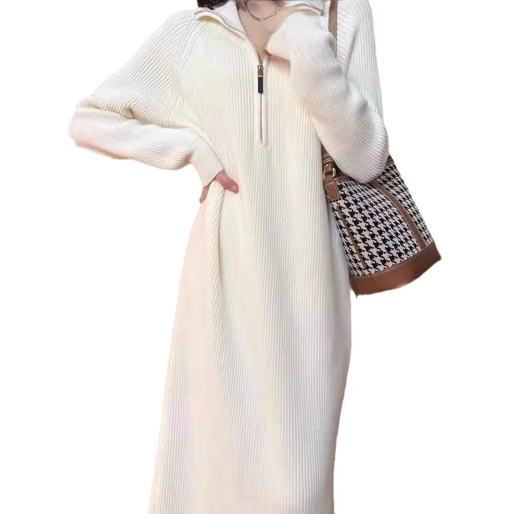 Vestido de malha de comprimento médio super elegante para mulheres com casaco ou suéter, camada de base acima do joelho, adequado para outono e inverno