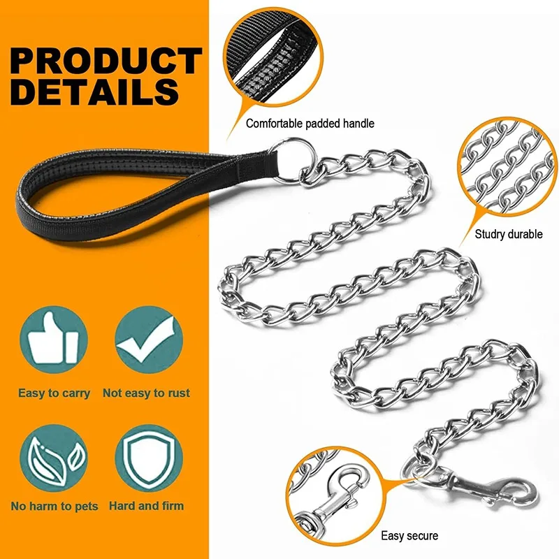 Heavy Duty Metal Dog Leash With PP Foam Cotton Woven Handle, Twisted Chain Quick Release Pet Dogs Traction Rope Leash Anti Bite