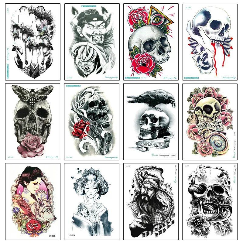 ملصق وشم مؤقت مضاد للمياه على شكل ذراع جمجمة كبيرة ملصقات وشم للمدرسة القديمة وشم فلاش رعب مزيف للرجال والنساء في الهالوين