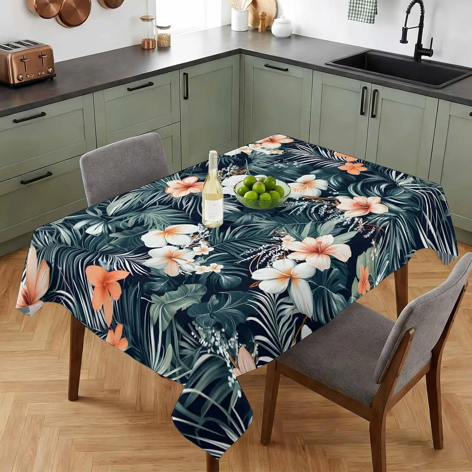 Tropical Lily Flowers Palm Leaves Print Tablecloth for Table Decor Summer Floral Plant Kitchen Dining Table Cloth Party Decor