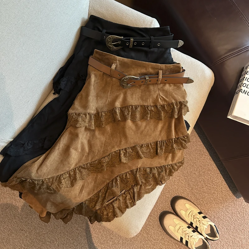 

Women's Spring Autumn Asymmetricla Lace Ruffled Long Skirt Lady Solid Color High Waist Slim Skirt