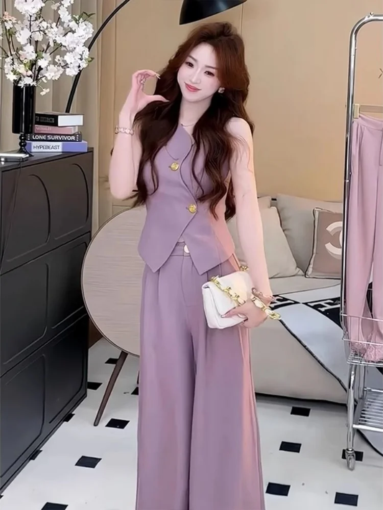 

Летний комплект Faion для женщин, прямые брюки с разрезом, костюм из двух предметов, удаленный женский ансамбль Ele, полиэфирное волокно