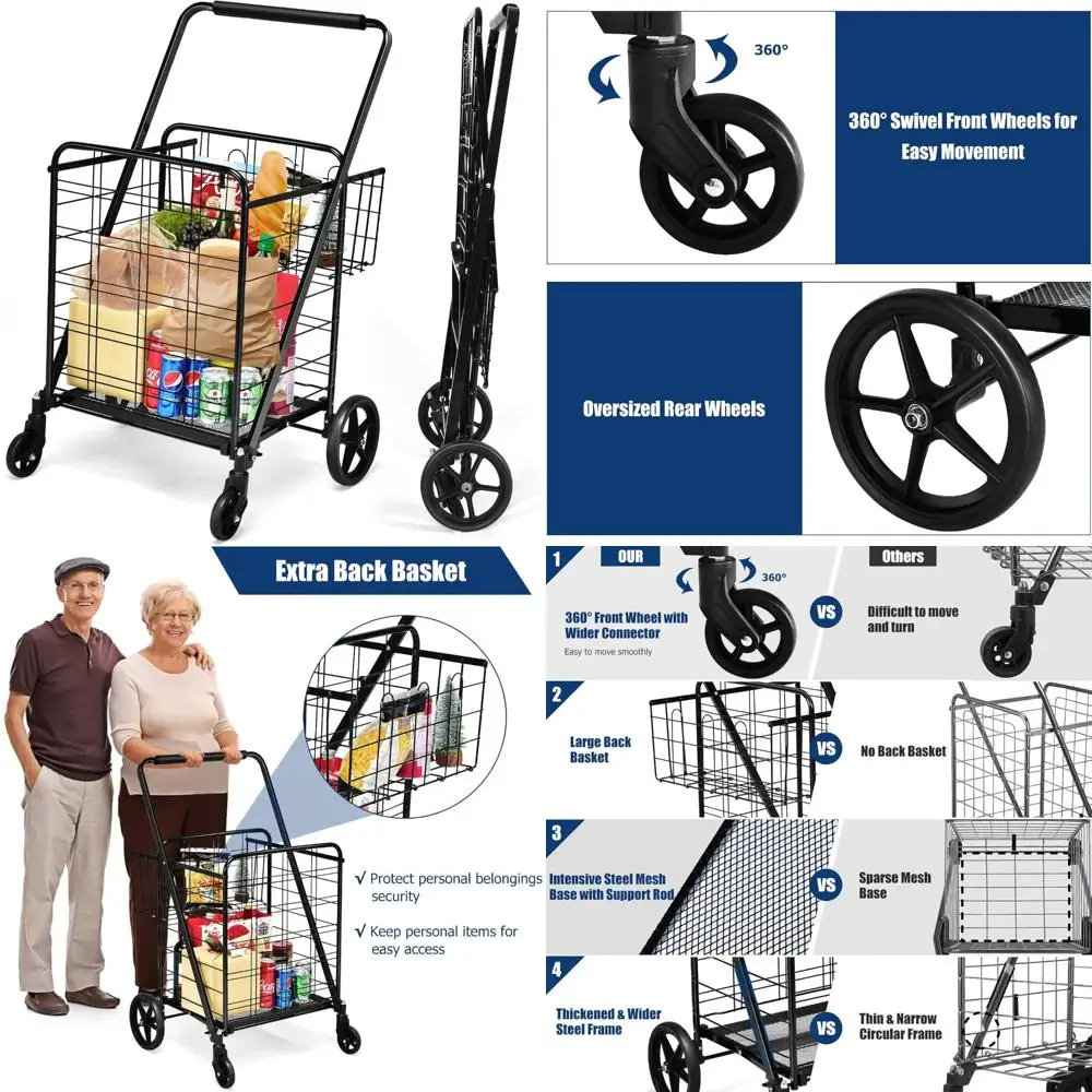 

Folding Shopping Cart with Jumbo Double Baskets - 330lbs Capacity Utility Grocery Cart featuring 360-Degree Swivel Wheels for Po