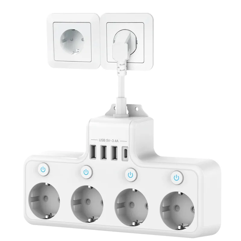 EU Standard 5‑Position Power Strip, Multi‑Function Smart Home Socket with USB & Type‑C Ports, Short Cord Design