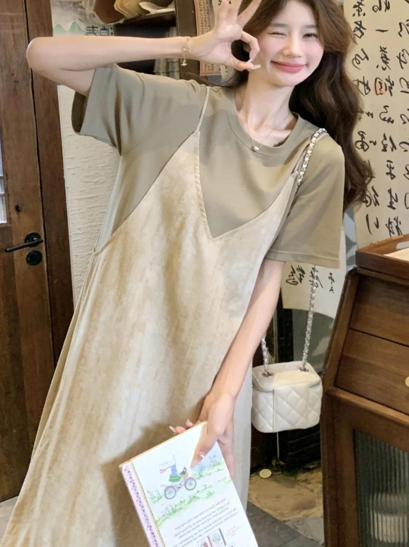 

plus Size Women's Summer Faion Sweet Sle T-irt Dr Maxi Dr Korean Version A-Line Skirt ort Sve round Ne