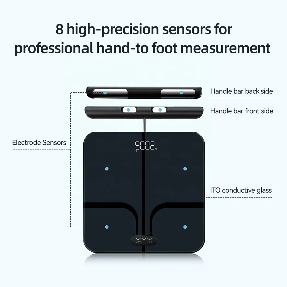 VWEIGHT Electric Digital Bathroom Scale Accurate 180kg Capacity BMI Body Fat 8 Electrodes Smart Muscle Mass App Enabled Battery