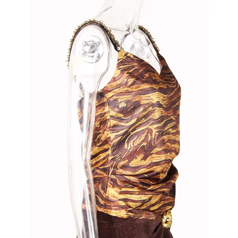 

Женский комплект из 2 предметов с леопардовым принтом: сексуальный топ-камизоль с открытой спиной + плиссированная юбка с декором из металлических пуговиц и бисера, для вечеринок и повседневной носки