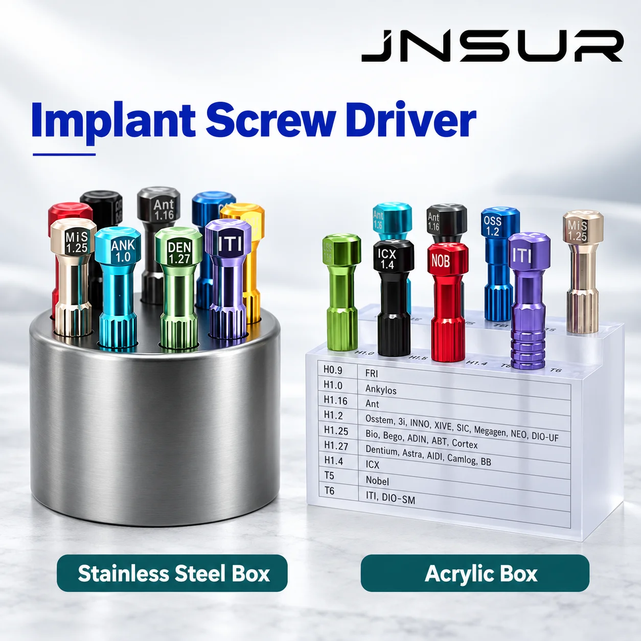JNSUR Dental Implant Screw Driver Set Stainless Steel Implant Prosthetic Driver Kit 9 Models with Stainless Steel or Acrylic Sto