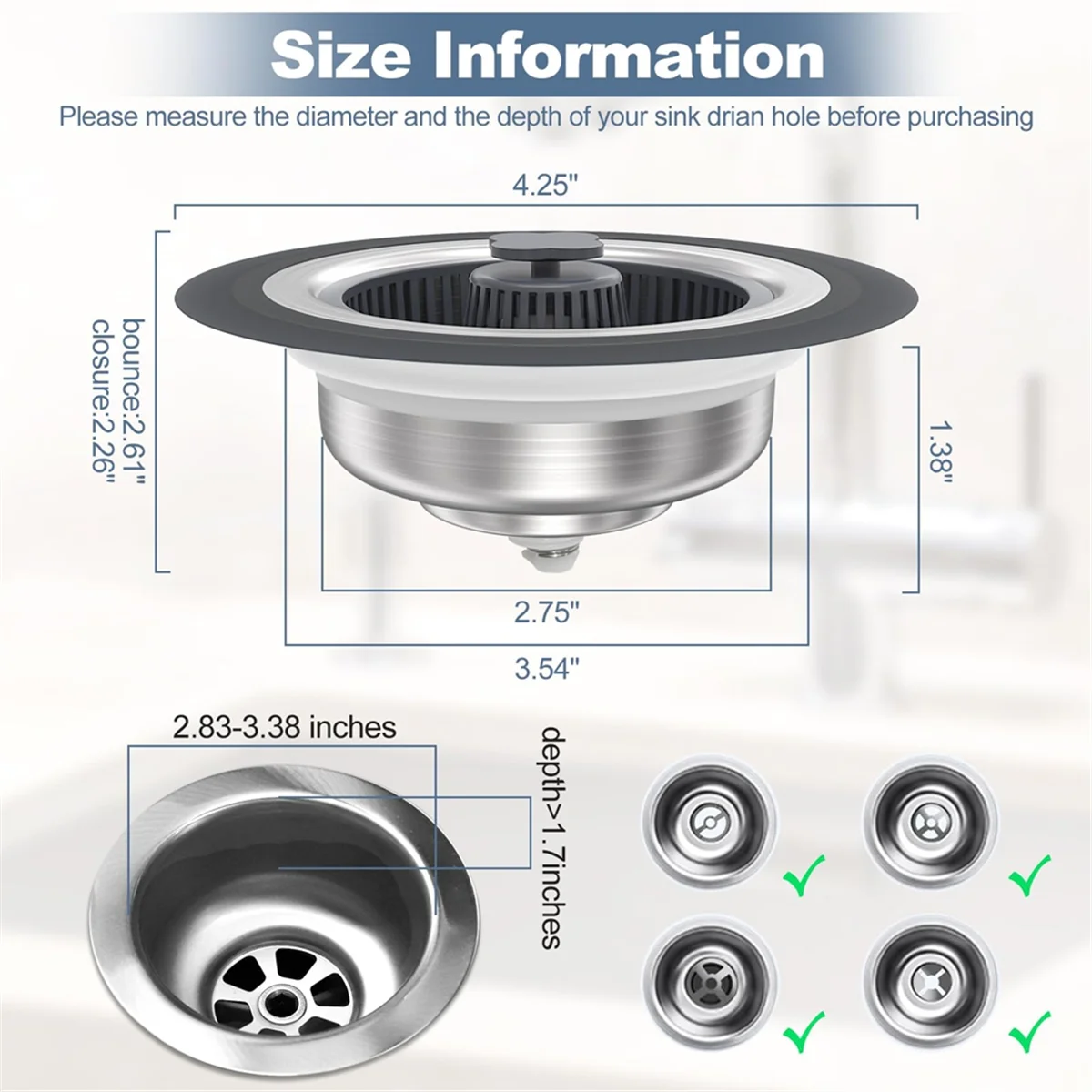 AT13 2 Pack Upgraded 3 in 1 for Kitchen Sink Drain Strainer Stopper Combo, Stainless Steel Basket Filter Sink Strainer