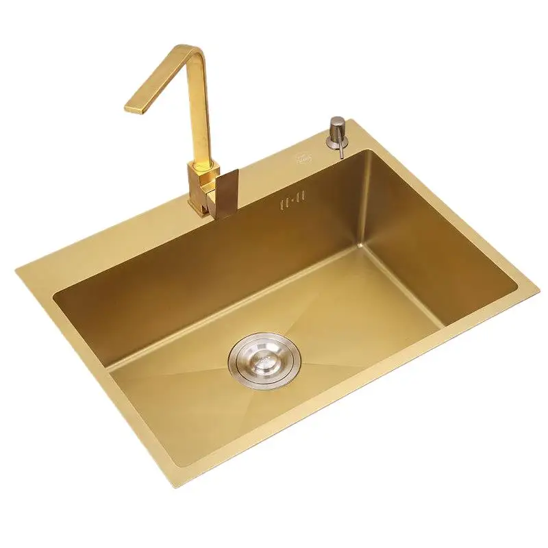 Luxury Golden Stainless Steel Rectangle Nano Sink Set Single Tank Manual Kitchen Sink Includes Faucet And Spensor Accessories