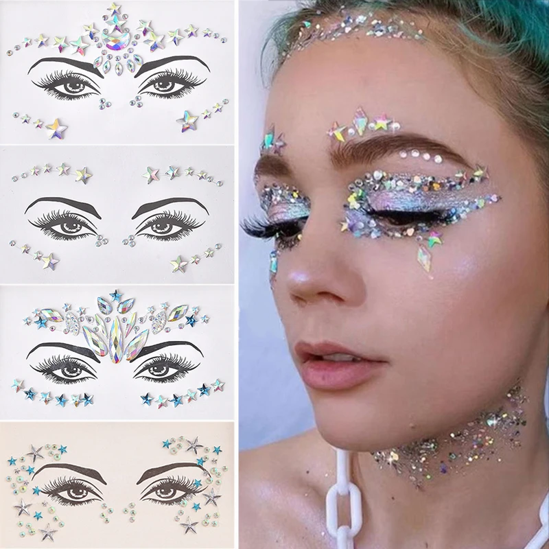 EDM Music Festival Shiny 3D Face Colored Crystal Stickers Acrylic Drill Stickers School Party Fashion Temporary Tattoo Stickers