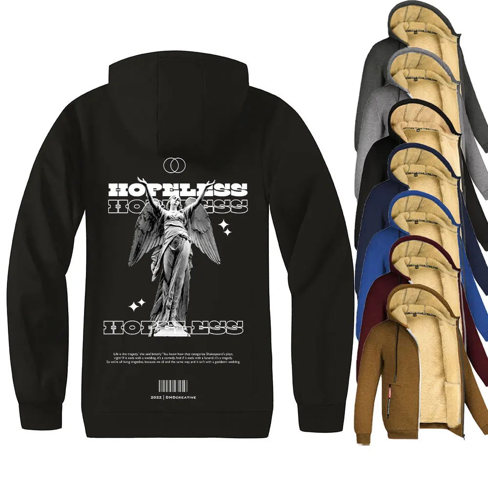 Y2K-Kapuzenpullover mit Reißverschluss für Herren, mit Fleece gefütterter Reißverschluss, Jacken, Mantel, mit verbundenen Augen, Göttinnen-Druck, Sweatshirt, modische Streetwear für den Winter