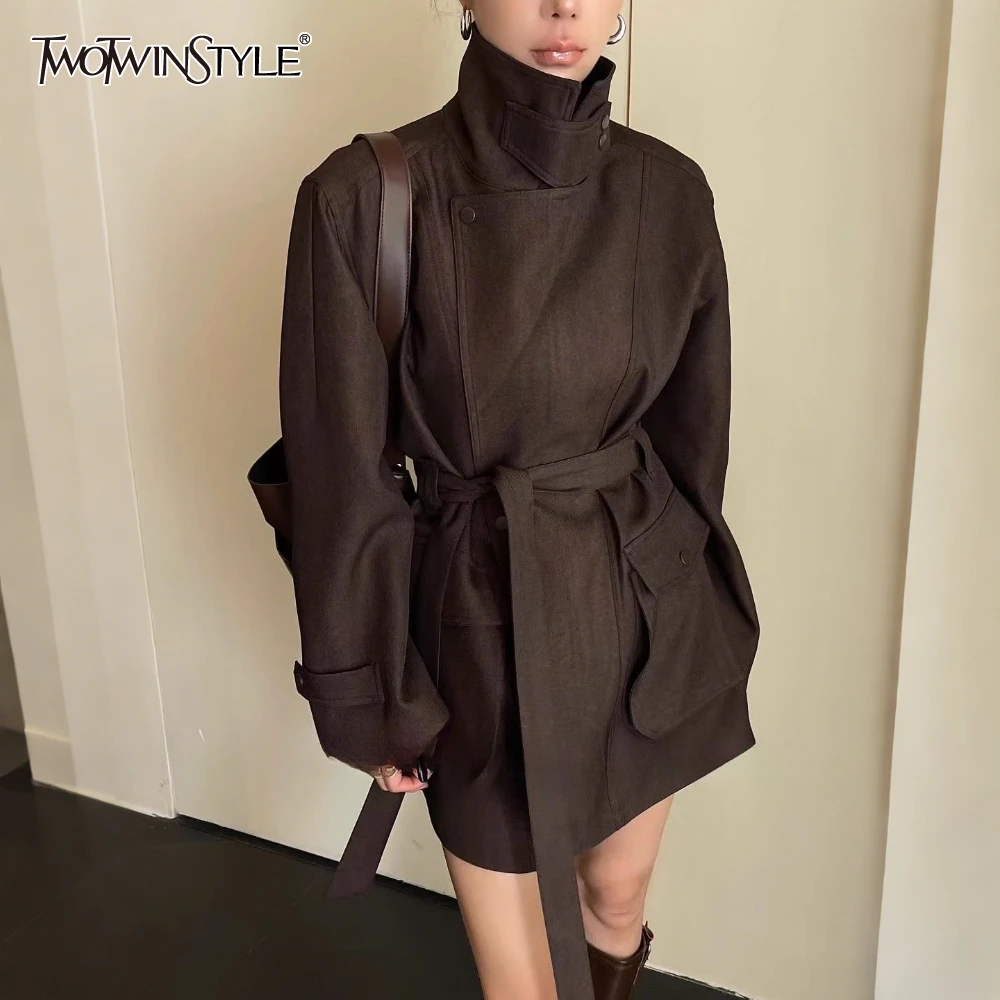 TWOTWINSTYLE Solid Spliced Bandage Jacket Female Turtleneck Long Sleeve Loose Streetwear Women's Jackets Autumn Fashion Style