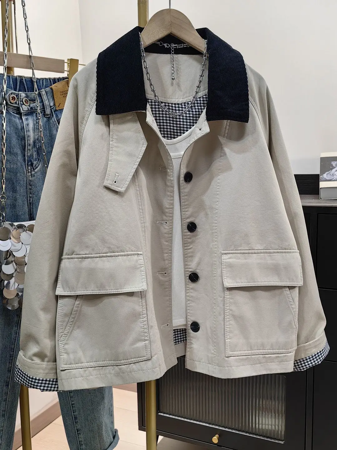 

Весенне-осенняя модная новая женская куртка-ветровка с комбинированным воротником для повседневной носки