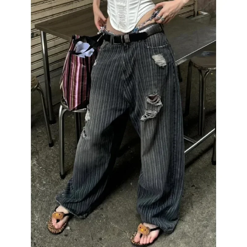 Deeptown Y2K Vintage Striped Women Jeans Hole Oversize Wash Wide Leg American Retro Denim Pants Baggy Streetwear Trousers Autumn