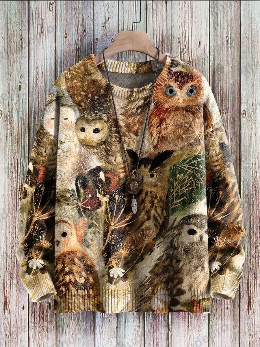 PLstar Cosmos Retro Funny Owl Art Pattern 3D Printed Men's Knitted Pullover Winter Unisex Casual Knit Pullover Sweater