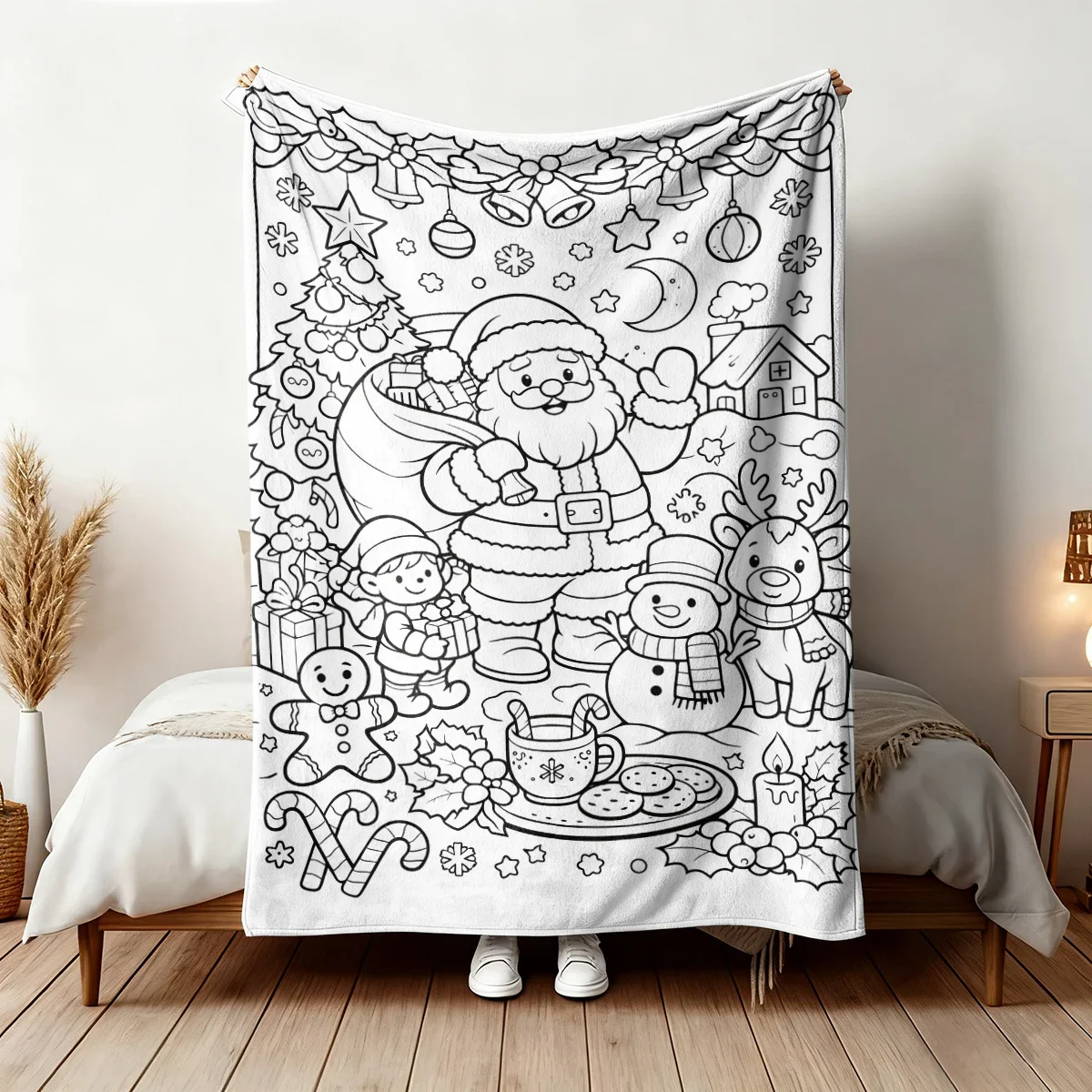 Festive Christmas Throw Blanket Black And White Line Art Santa Claus Snowman Reindeer Xmas Holiday Winter Decor Aesthetic Bed