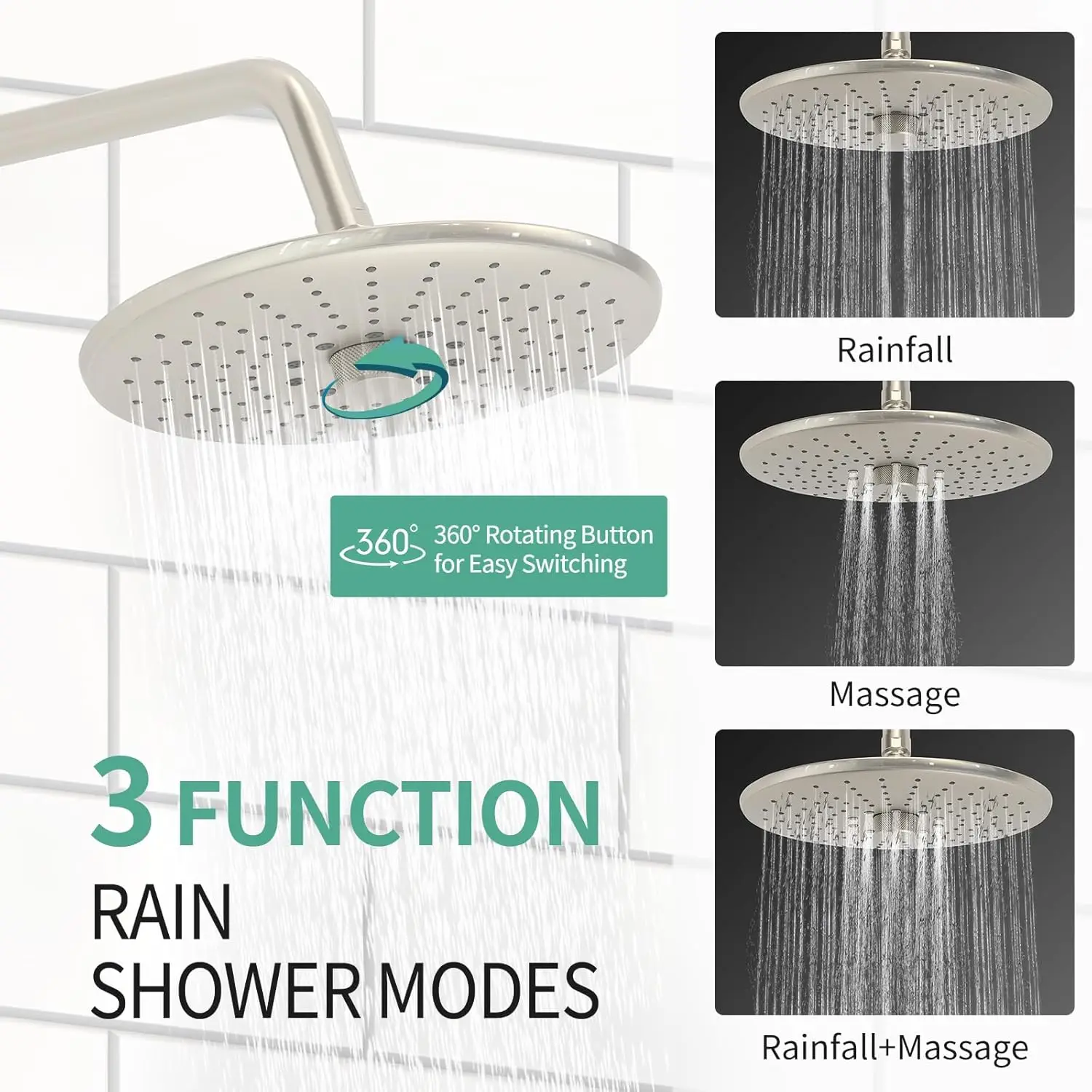 Sun Rise Handheld Shower Faucet, 3 Função de alta pressão, 10 "Shower Head System, 6 Setting, Luminárias
