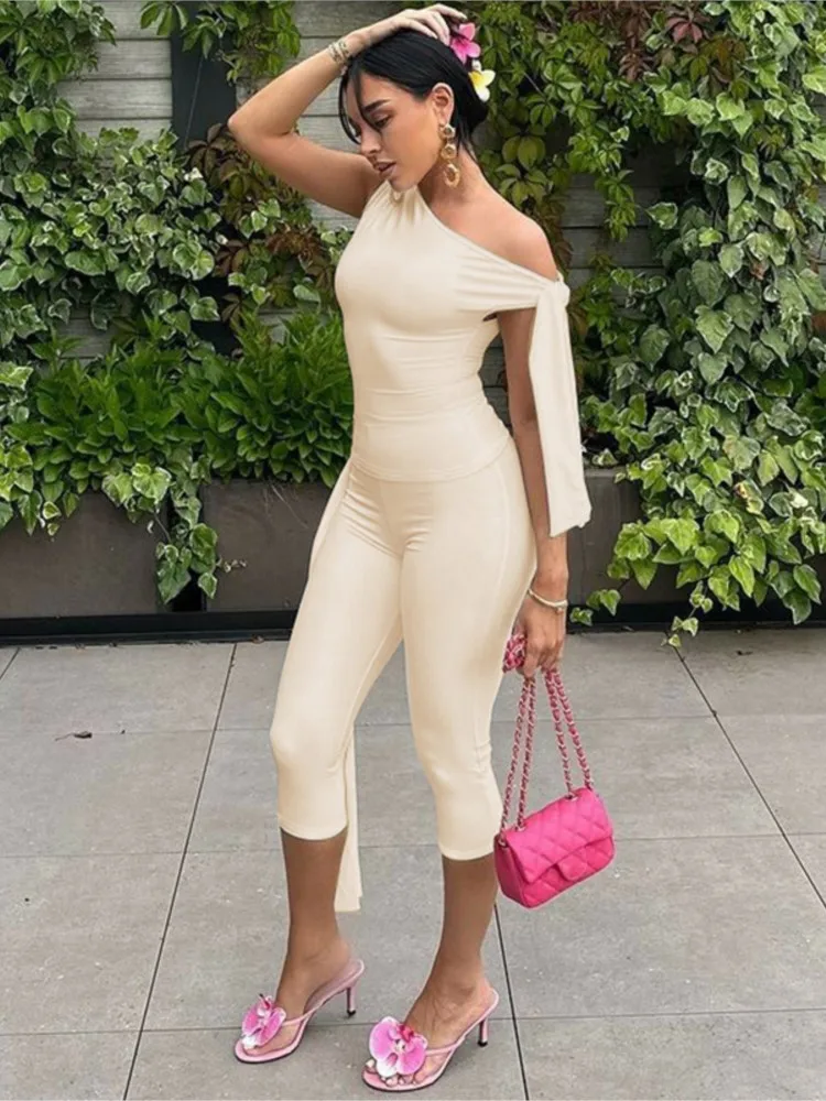 2026 Bodycon new In Matching Sets 2 Pieces Set For Woman Two Piece Outfit Women's Clothes Temperament Slim Slant Collar Leace-up