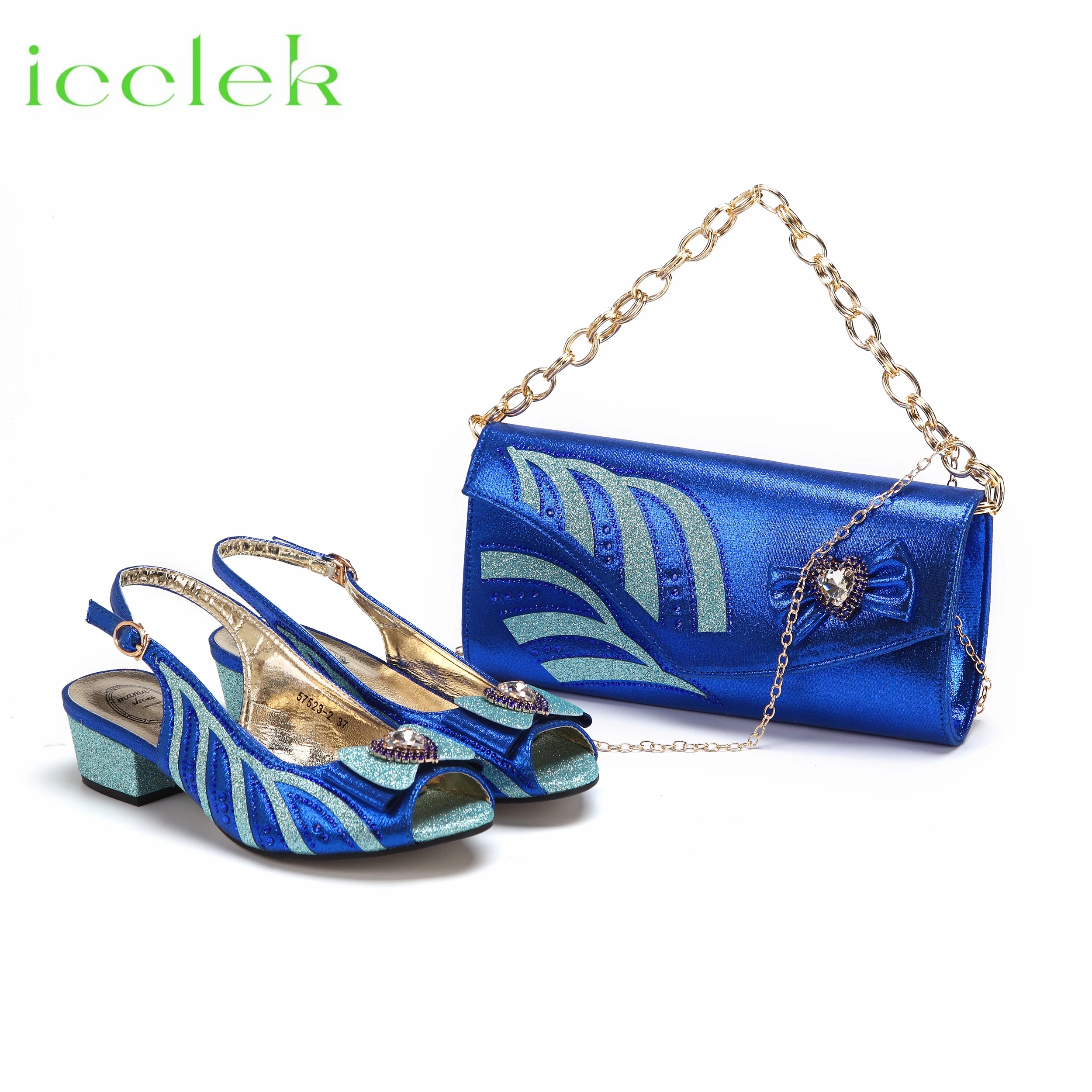 

Newest Royal Blue Pumps Low Heels Decorated with Rhinestone Flower Design Party Women's Shoes and Bags Set